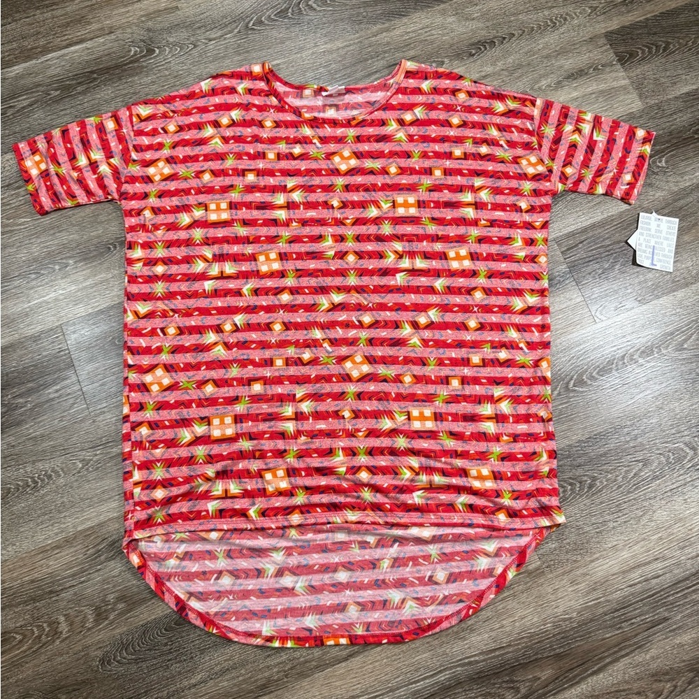 NWT‎ Lularoe Irma Blouse Red/Pink stripes with Geometric Yellow sz: L